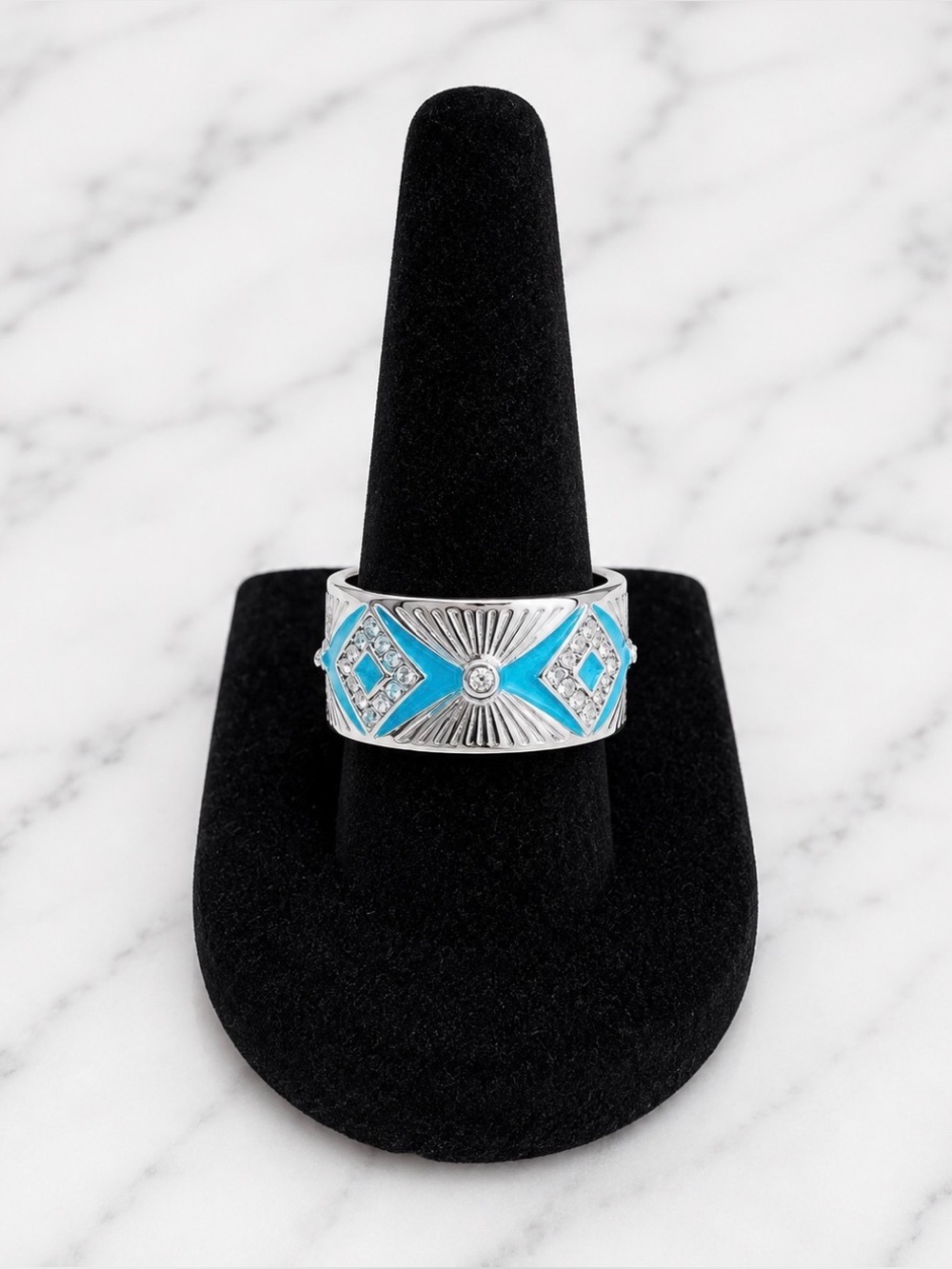 Silver Tone Turquoise Enamel Wide Band Ring size 7.5